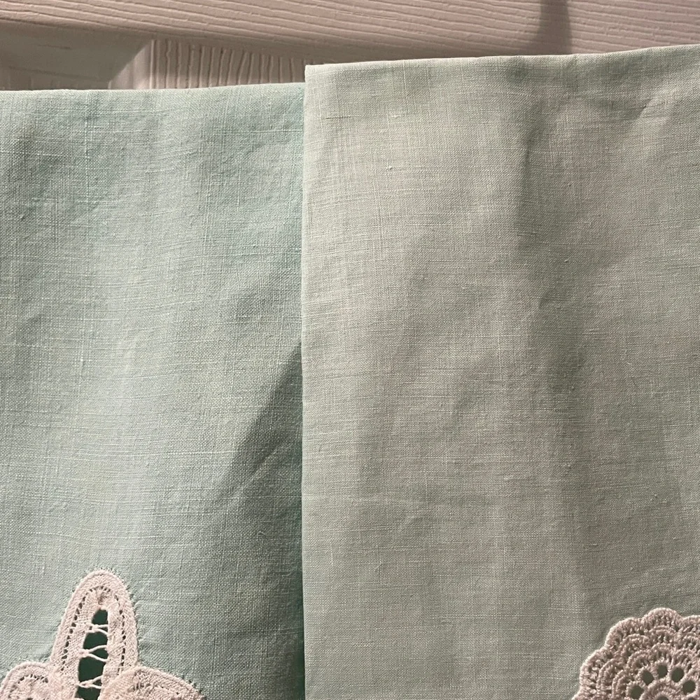 Vtg Elegant Lace Trimmed Mint Green Hand Towels. Different. It complementary.